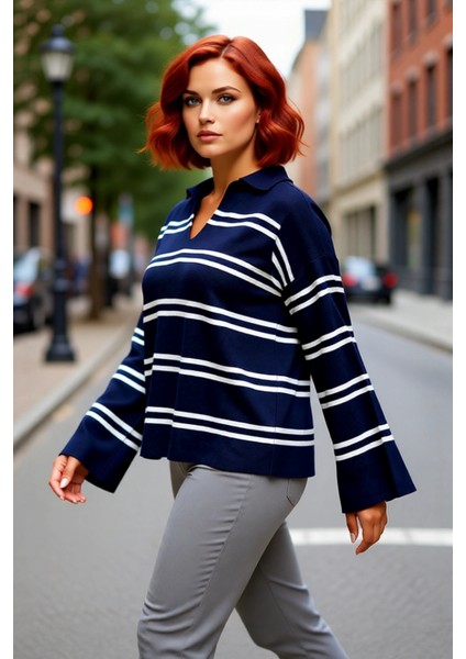 Kadın Relaxed Kesim Çizgili Polo Yaka Akrilik Triko Kazak Kış Sezonu Günlük Şıklıkta Konfor Sunar