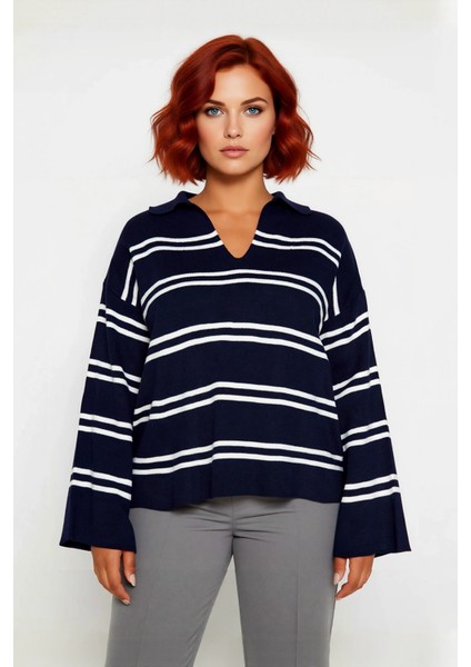 Kadın Relaxed Kesim Çizgili Polo Yaka Akrilik Triko Kazak Kış Sezonu Günlük Şıklıkta Konfor Sunar fiyatları
