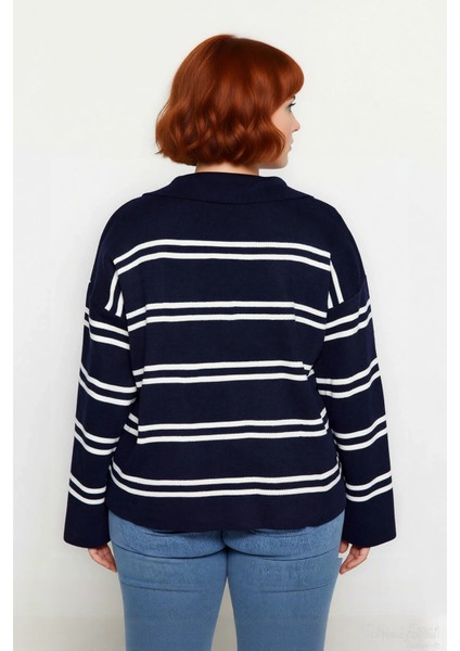 Kadın Relaxed Kesim Çizgili Polo Yaka Akrilik Triko Kazak Kış Sezonu Günlük Şıklıkta Konfor Sunar fırsatları