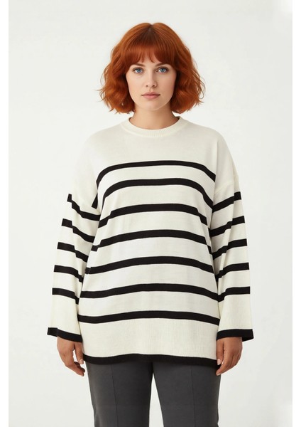 Kadın Relaxed Kalıp Çizgili Bisiklet Yaka Uzun Kol Triko Kazak Kış Sezonu Için Şık ve Konforlu fiyatları