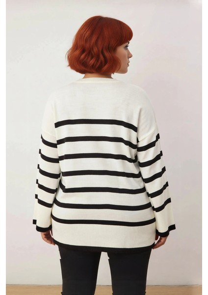 Kadın Relaxed Kalıp Çizgili Bisiklet Yaka Uzun Kol Triko Kazak Kış Sezonu Için Şık ve Konforlu fırsatları
