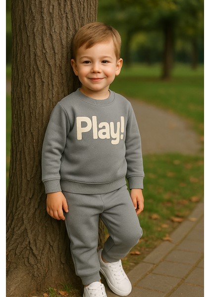 Erkek Çocuk Kışlık Eşofman Takımı Play Yazılı Sweatshirt Alt Pamuklu Üç Iplik Şardonlu Günlük Kombin 3-4-5-6 Yaş Yeşil