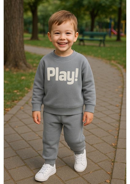 Erkek Çocuk Kışlık Eşofman Takımı Play Yazılı Sweatshirt Alt Pamuklu Üç Iplik Şardonlu Günlük Kombin 3-4-5-6 Yaş Yeşil modelleri