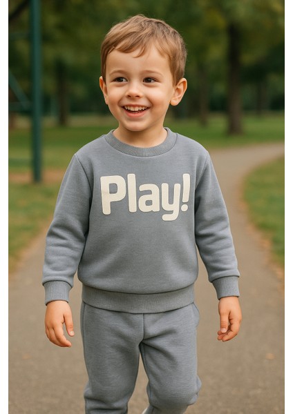 Erkek Çocuk Kışlık Eşofman Takımı Play Yazılı Sweatshirt Alt Pamuklu Üç Iplik Şardonlu Günlük Kombin 3-4-5-6 Yaş Yeşil fırsatları