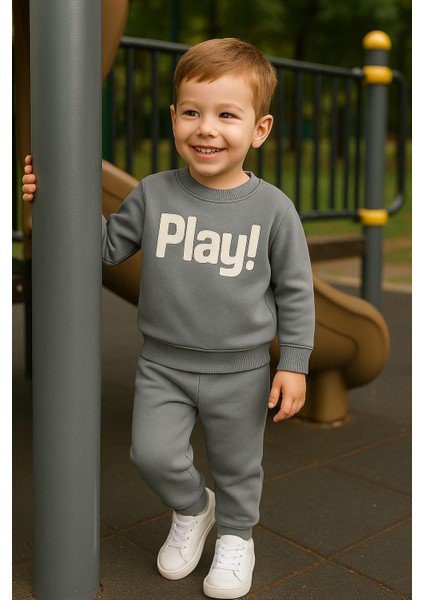 Erkek Çocuk Kışlık Eşofman Takımı Play Yazılı Sweatshirt Alt Pamuklu Üç Iplik Şardonlu Günlük Kombin 3-4-5-6 Yaş Yeşil indirimleri