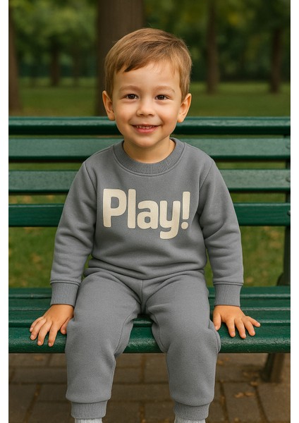 Erkek Çocuk Kışlık Eşofman Takımı Play Yazılı Sweatshirt Alt Pamuklu Üç Iplik Şardonlu Günlük Kombin 3-4-5-6 Yaş Yeşil