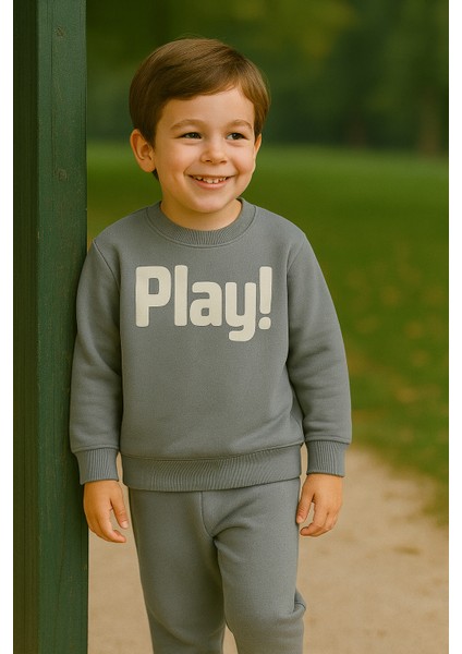 Erkek Çocuk Kışlık Eşofman Takımı Play Yazılı Sweatshirt Alt Pamuklu Üç Iplik Şardonlu Günlük Kombin 3-4-5-6 Yaş Yeşil