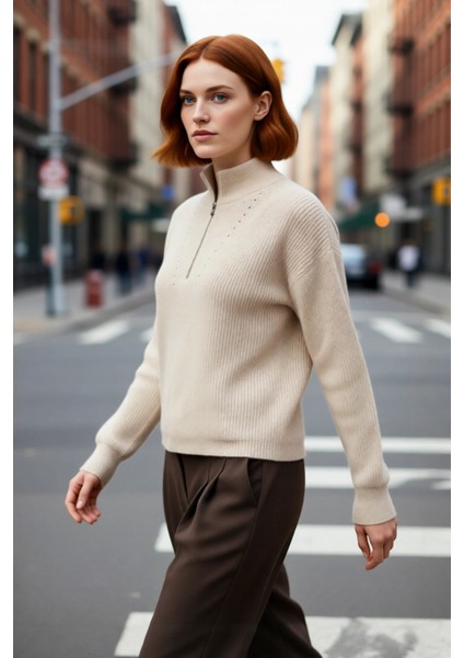 Kadın Oversize Düşük Kol Fermuarlı Dik Yaka Triko Selanik Örgü Basic Uzun Kollu Kazak Kaliteli