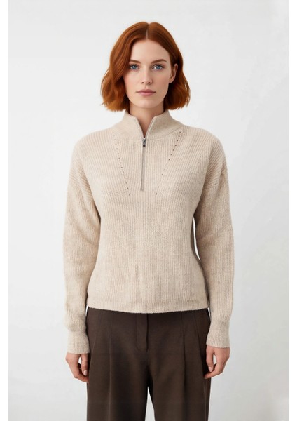 Kadın Oversize Düşük Kol Fermuarlı Dik Yaka Triko Selanik Örgü Basic Uzun Kollu Kazak Kaliteli fiyatları