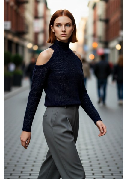 Kadın Simli Dik Yaka Reglan Kol Regular Kesim Triko Omuz Açık Detaylı Şık Kışlık Kazak Kaliteli