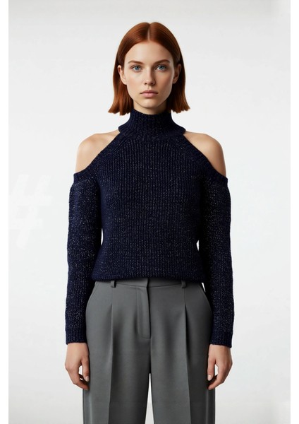 Kadın Simli Dik Yaka Reglan Kol Regular Kesim Triko Omuz Açık Detaylı Şık Kışlık Kazak Kaliteli fiyatları