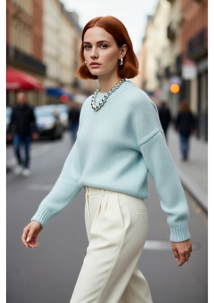 Kadın Oversize Bisiklet Yaka Düşük Kol Kalın Triko Kazak Kışlık Rahat Şık Günlük Kombinler Için