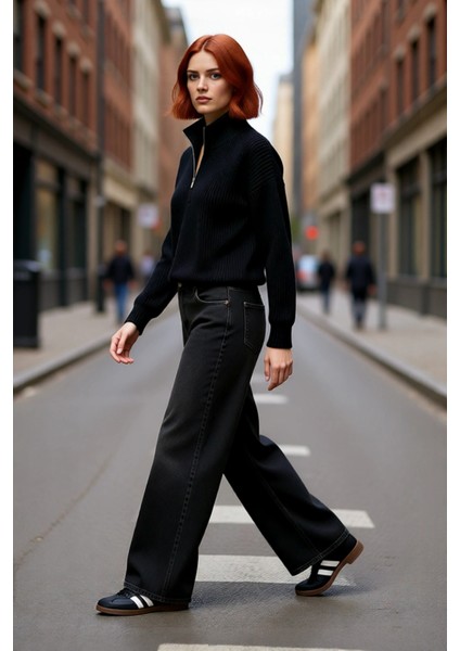 Kadın Oversize Crop Fermuarlı Dik Yaka Selanik Dokuma Akrilik Triko Kazak Kış Günlük Kombinler Için