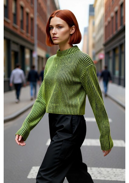 Kadın Dik Yaka Çizgili Crop Regular Kalıp Triko Kazak Soğuk Havalar Için Şık Günlük Kombinler