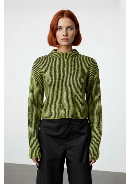 Kadın Dik Yaka Çizgili Crop Regular Kalıp Triko Kazak Soğuk Havalar Için Şık Günlük Kombinler fiyatları