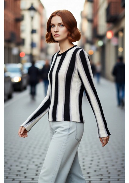 Kadın Bisiklet Yaka Renk Bloklu Ince Triko Uzun Kollu Pamuk Polyester Karışımlı Günlük Kazak