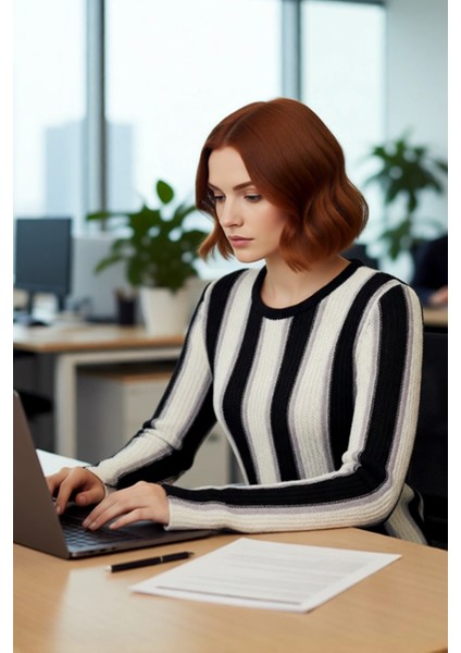 Kadın Bisiklet Yaka Renk Bloklu Ince Triko Uzun Kollu Pamuk Polyester Karışımlı Günlük Kazak modelleri