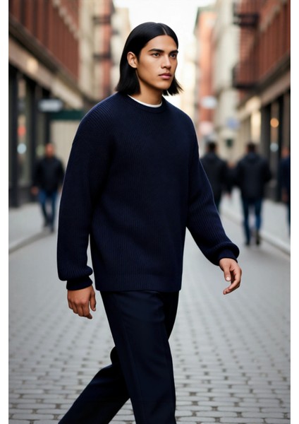 Erkek Gri Oversize Bisiklet Yaka Düz Düşük Kol Akrilik Triko Kazak Casual Tarzlara Özel Rahatlık