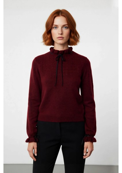 Kadın Regular Kalıp Dik Yaka Ajurlu Bağcıklı Detaylı Triko Kazak Kışlık Günlük Şık Kombinler Için fiyatları