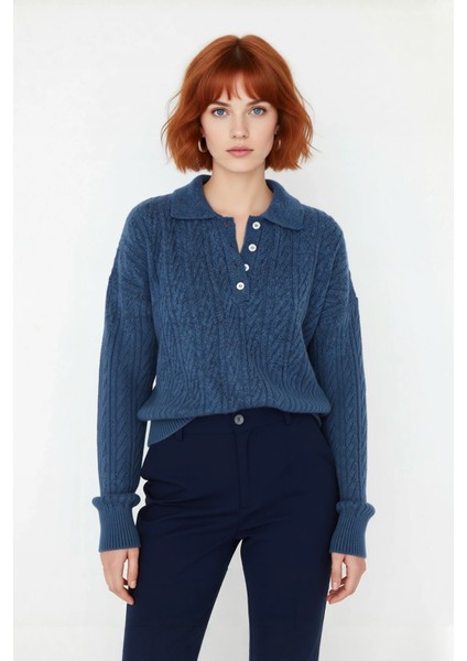 Kadın Oversize Saç Örgü Polo Yaka Triko Kazak Düşük Uzun Kollu Kışlık Rahat Basic Şıklık Kaliteli fiyatları