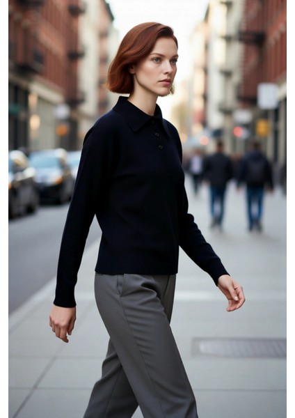 Kadın Oversize Polo Yaka Triko Kazak Renk Bloklu Düşük Kol Rahat Gündelik Kışlık Şıklık Sunar