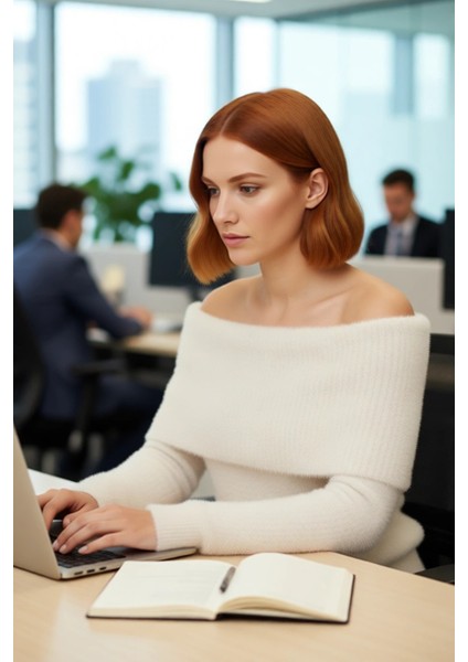 Kadın Ekru Regular Kalıp Carmen Yaka Tüylü Sakal Iplikli Crop Triko Kazak Kış Sezonu Şıklığı modelleri