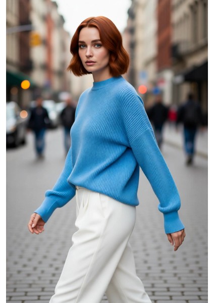 Kadın Oversize Balon Kol Selanik Dokuma Bisiklet Yaka Uzun Düz Basic Triko Kazak 100% Akrilik