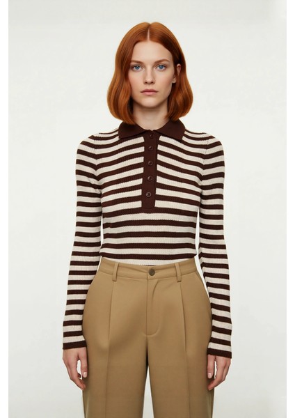 Kadın Polo Yaka Çizgili Fitted Akrilik Triko Kazak Ilkbahar Sonbahar Için Şık ve Konforlu Günlük fiyatları