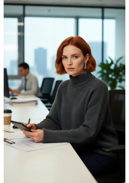 Kadın Gri Oversize Dik Yaka Akrilik Selanik Dokuma Uzun Kollu Basic Triko Kazak Kaliteli Şık modelleri