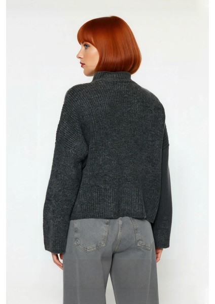 Kadın Gri Oversize Dik Yaka Akrilik Selanik Dokuma Uzun Kollu Basic Triko Kazak Kaliteli Şık fırsatları
