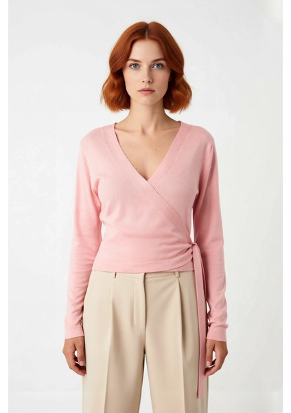 Kadın Kruvaze Yaka Bağlamalı Crop Pembe Ince Triko Kazak Regular Kalıp Uzun Kollu Ilkbahar Sonbahar fiyatları