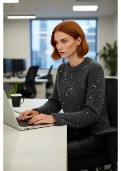 Kadın Regular Kalıp Crop Pul Payetli Bisiklet Yaka Uzun Standart Kol Orta Kalın Triko Kazak modelleri