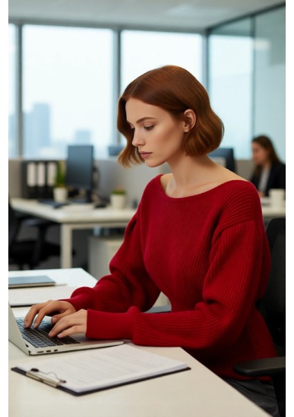 Kadın Kırmızı Regular Kalıp Kayık Yaka Balon Kol Crop Triko Kazak Gündüz Gece Şıklığı Sunar modelleri