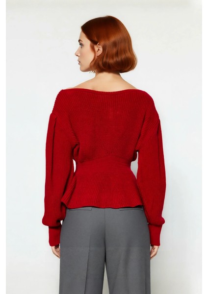 Kadın Kırmızı Regular Kalıp Kayık Yaka Balon Kol Crop Triko Kazak Gündüz Gece Şıklığı Sunar fırsatları