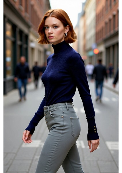 Kadın Ekru Ince Balıkçı Yaka Fitted Kalıp Triko Kazak Ilkbahar Sonbahar Günlük Şıklığı Kaliteli