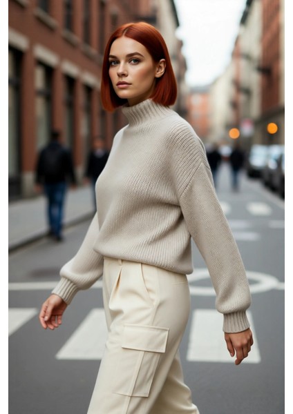 Kadın Oversize Kalın Dik Yaka Triko Kazak Kışlık Soğuk Havalarda Konforlu Günlük Stil Kaliteli