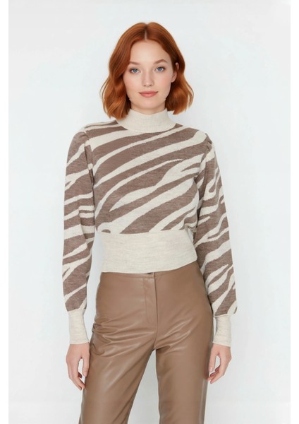Kadın Zebra Desenli Dik Yaka Regular Kalıp Crop Triko Kazak Soğuk Günlerin Şık Seçimi Kaliteli fiyatları
