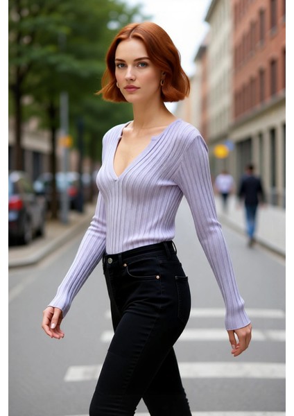 Kadınlar Için Ince Fitilli Kaçık Yaka Uzun Kollu Fitted Triko Kazak Ilkbahar Sonbahar Günlük Şıklık