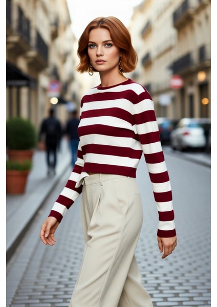 Kadın Çizgili Bisiklet Yaka Fitted Crop Triko Kazak Ilkbahar Sonbahar Günlük Kombinler Için Şık
