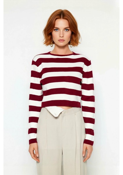 Kadın Çizgili Bisiklet Yaka Fitted Crop Triko Kazak Ilkbahar Sonbahar Günlük Kombinler Için Şık fiyatları