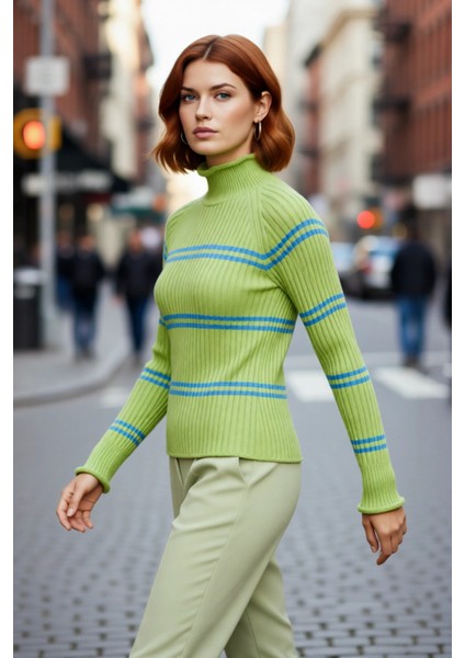 Kadın Dik Yaka Çizgili Triko Kazak Reglan Kol Uzun Kollu Rahat Fitilli Dokuma Kışlık Basic