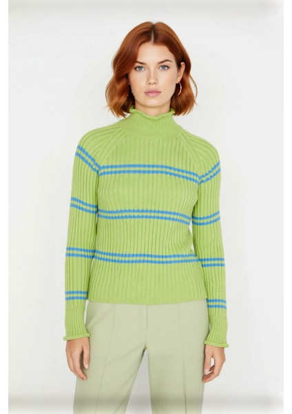 Kadın Dik Yaka Çizgili Triko Kazak Reglan Kol Uzun Kollu Rahat Fitilli Dokuma Kışlık Basic fiyatları