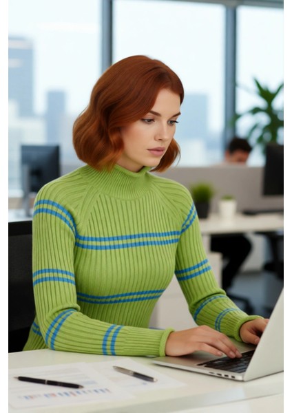 Kadın Dik Yaka Çizgili Triko Kazak Reglan Kol Uzun Kollu Rahat Fitilli Dokuma Kışlık Basic modelleri