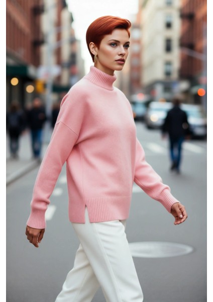 Kadın Oversize Düşük Kol Dik Yaka Uzun Triko Kazak Basic Modern Rahat Kış Günlük Şıklığı Sunar