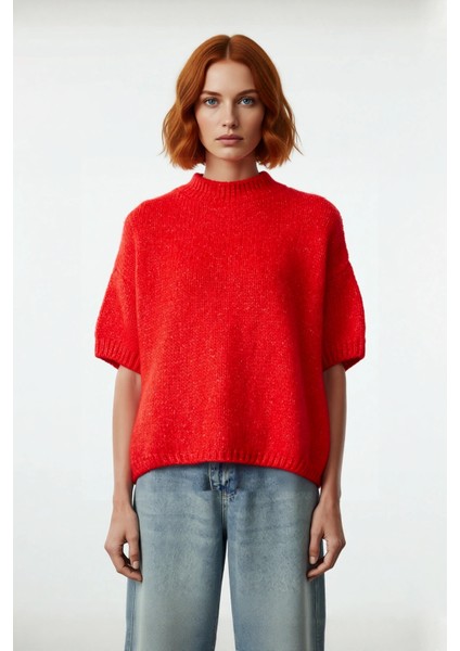 Kadın Oversize Kesim Dik Yaka Kalın Dokulu Düz Desen Kısa Kollu Triko Kazak Ilkbahar Sonbahar fiyatları