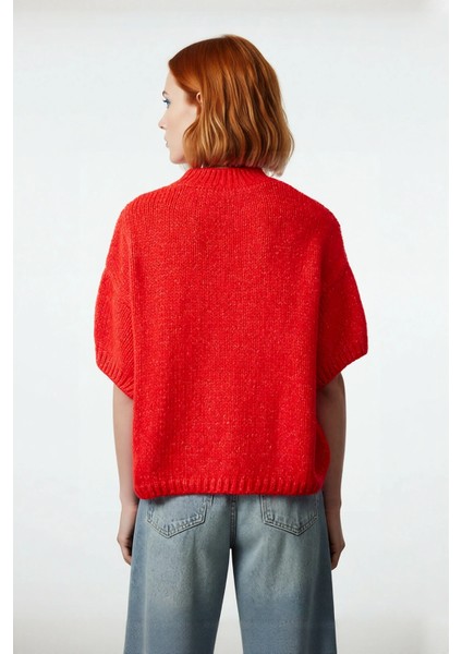 Kadın Oversize Kesim Dik Yaka Kalın Dokulu Düz Desen Kısa Kollu Triko Kazak Ilkbahar Sonbahar fırsatları