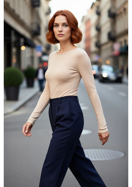 Kadın Regular Kalıp Uzun Kollu Ince Dokuma Bisiklet Yaka Viskoz Triko Bluz Günlük Şıklık Için Ideal