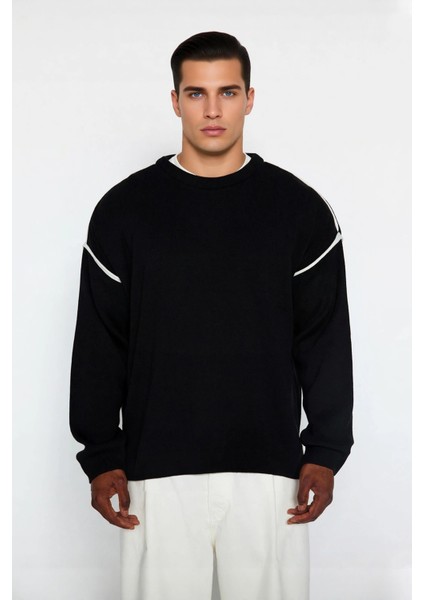 Erkek Büyük Beden Oversize Fit Bisiklet Yaka Biye Detaylı Düşük Kol Triko Kazak Kış Sezonu Için fiyatları