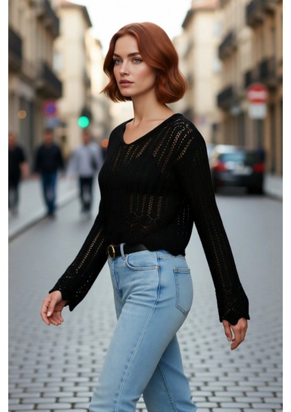 Kadınlar Için Ajurlu V Yaka Triko Kazak Regular Kalıp Uzun Kol Basic Tasarım Şık Görünüm Kaliteli