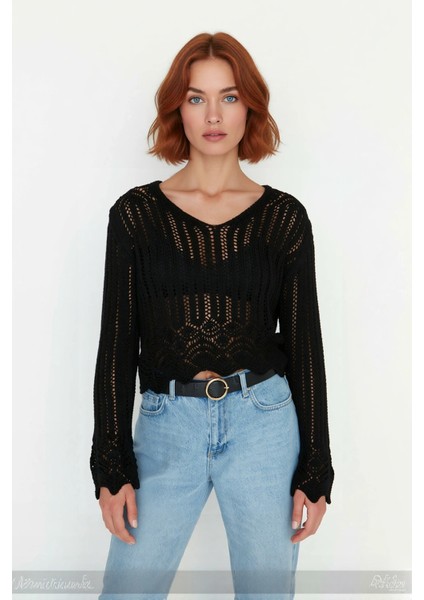 Kadınlar Için Ajurlu V Yaka Triko Kazak Regular Kalıp Uzun Kol Basic Tasarım Şık Görünüm Kaliteli fiyatları